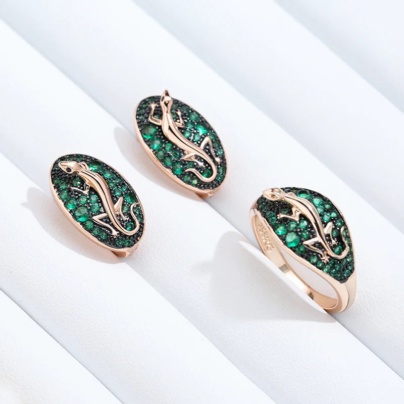 Pendientes Kinel de gota de lagarto de circón Natural verde intenso para mujer 585 chapado en oro rosa y negro joyería Punk diaria de animales Vintage