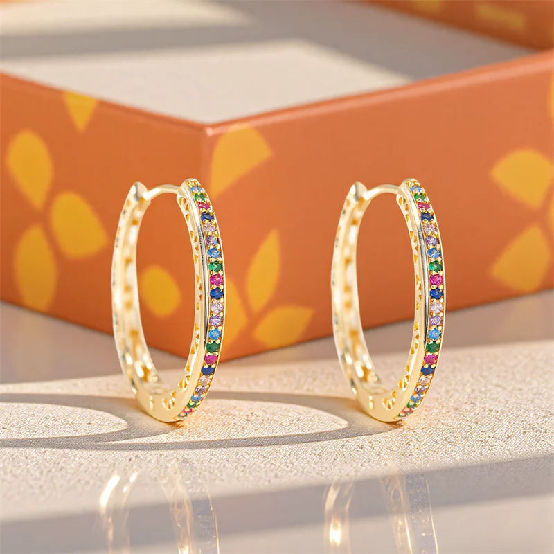 Pendientes redondos de aro de piedra Multicolor con circonita de arcoíris para mujer, hebilla de oreja de Color dorado, joyería para fiesta y boda diaria, regalo del Día de la madre