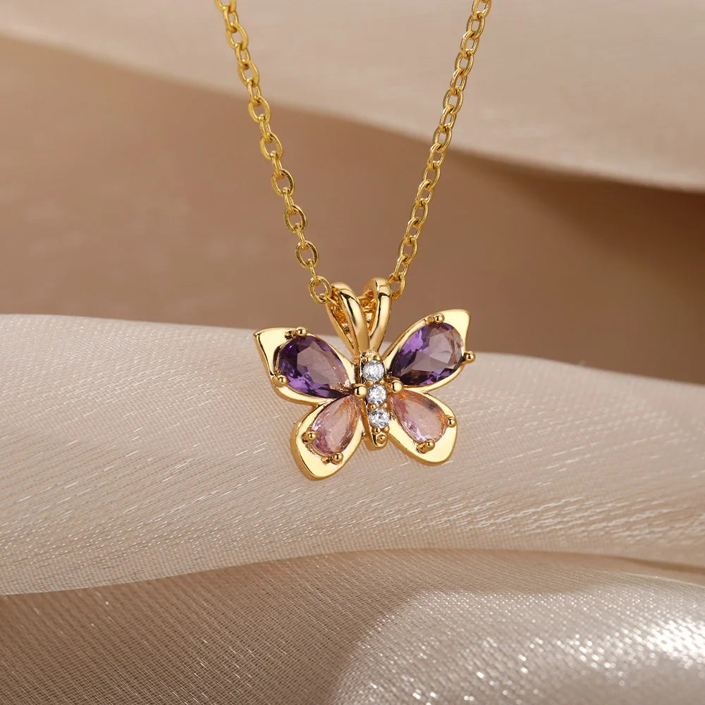 Bonito Collar de mariposa para mujer, collares estéticos de circonita púrpura de cristal de acero inoxidable, Gargantilla con dijes, joyería de fiesta