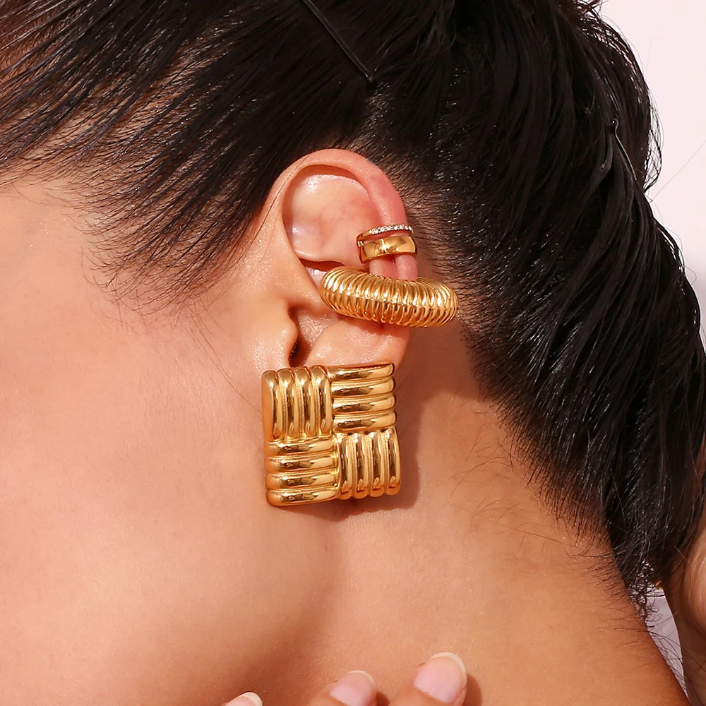 Pendientes cuadrados con rayas horizontales y verticales en un patrón de rejilla aretes Pendientes de mujer Regalo de acero inoxidable сubьги