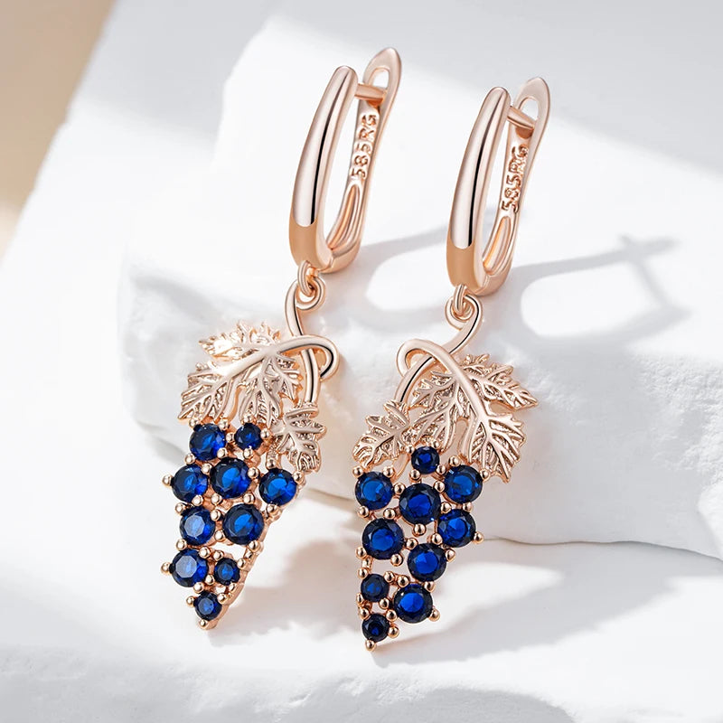 Kienl-pendiente de gota largo de circonita Natural azul brillante para mujer, Color oro rosa 585, joyería Vintage diaria de uva de cristal única