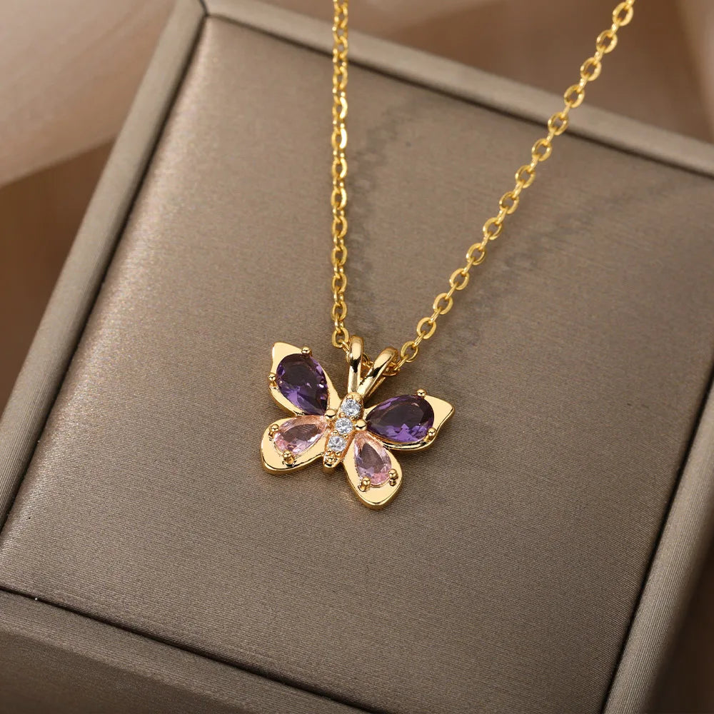 Bonito Collar de mariposa para mujer, collares estéticos de circonita púrpura de cristal de acero inoxidable, Gargantilla con dijes, joyería de fiesta