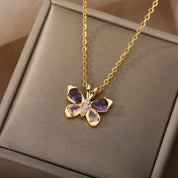 Bonito Collar de mariposa para mujer, collares estéticos de circonita púrpura de cristal de acero inoxidable, Gargantilla con dijes, joyería de fiesta