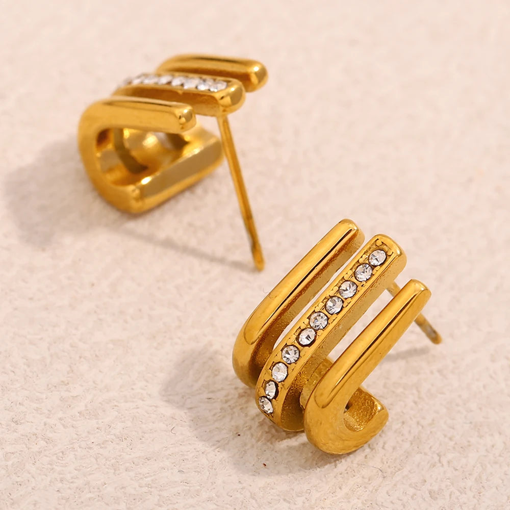 E.B.belle-pendientes de gancho curvo en forma de J de tres capas con diamantes de imitación, joyería de acero inoxidable 316L chapada en oro de 18 quilates para mujer