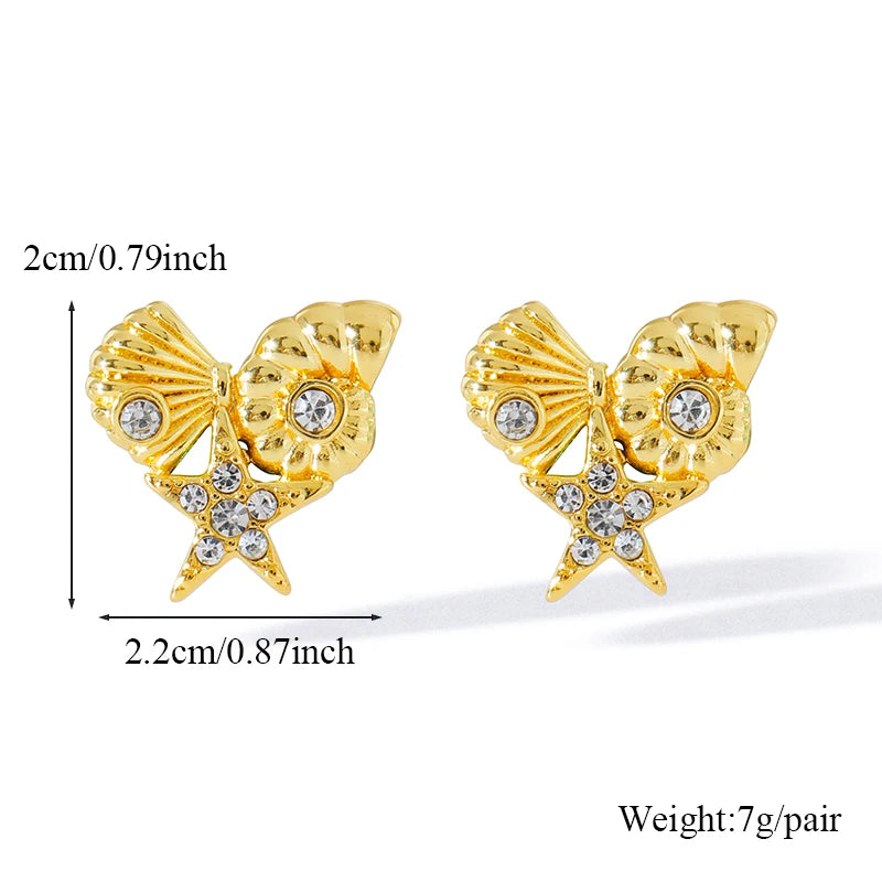 EILIECK 316L Acero inoxidable estrella de mar Shell pendientes de circón para mujer moda impermeable oreja joyería niñas regalo Bijoux
