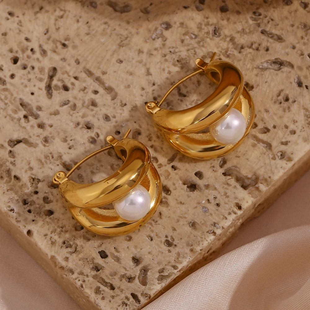 E.B.belle-pendientes de aro de perlas sintéticas redondas para mujer, aros de doble capa con forma de U, joyería de acero inoxidable chapada en oro
