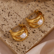 E.B.belle-pendientes de aro de perlas sintéticas redondas para mujer, aros de doble capa con forma de U, joyería de acero inoxidable chapada en oro