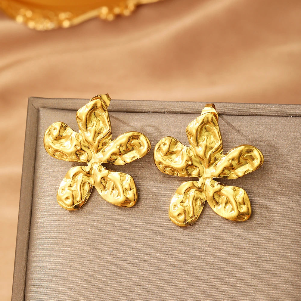 Pendientes de acero inoxidable para mujer, aretes brillantes cóncavos con flor botánica Vintage, joyería para uso diario