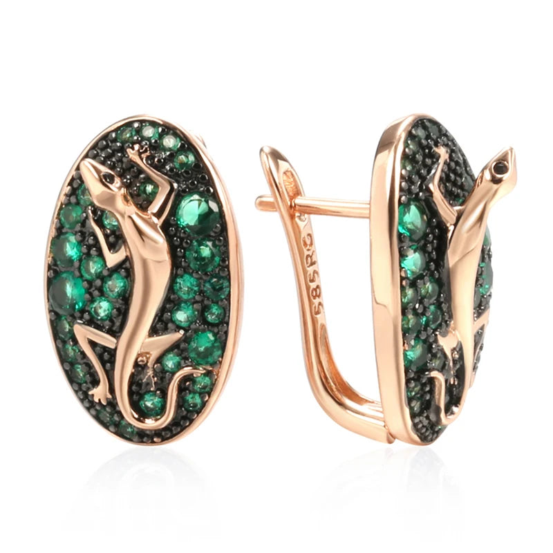 Pendientes Kinel de gota de lagarto de circón Natural verde intenso para mujer 585 chapado en oro rosa y negro joyería Punk diaria de animales Vintage