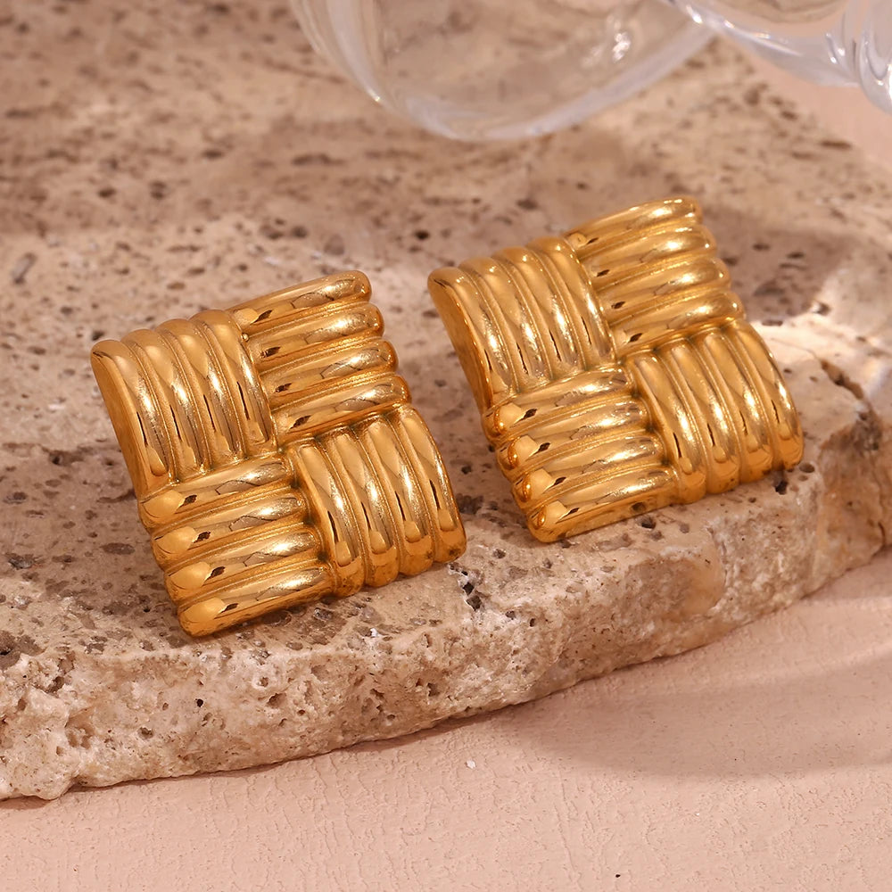 Pendientes cuadrados con rayas horizontales y verticales en un patrón de rejilla aretes Pendientes de mujer Regalo de acero inoxidable сubьги