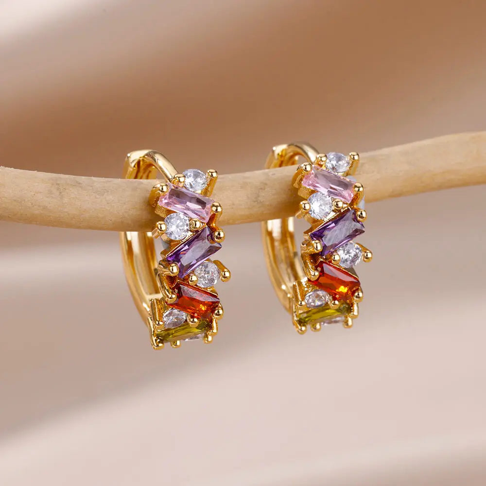 Pendientes de aro de circonia cúbica de arcoíris para mujer, aretes redondos de acero inoxidable chapados en oro, regalos de joyería de lujo 2023