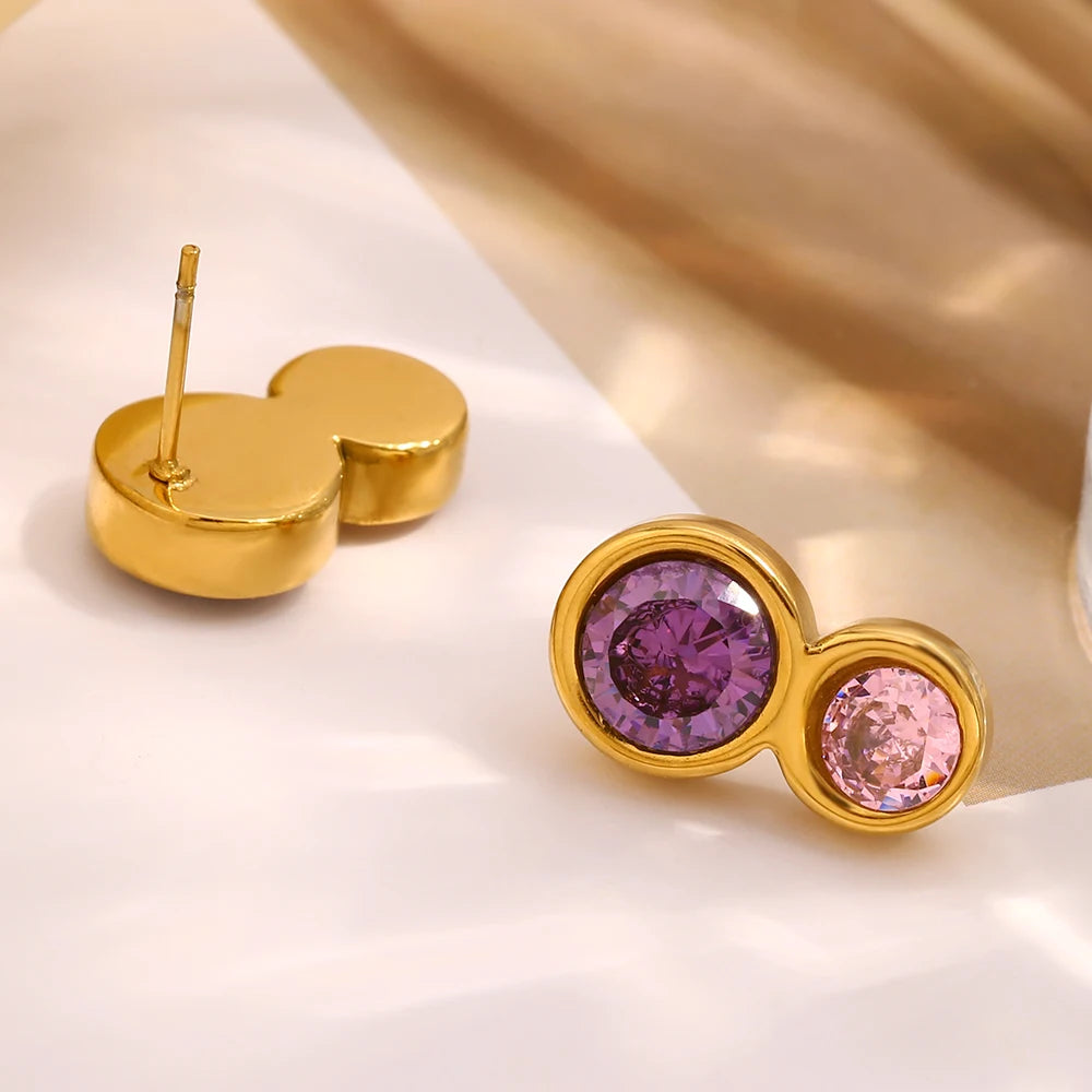 E.B.belle Pendientes de tuerca de circonita de Color rosa y morado con forma de doble círculo, joyería de oreja de acero inoxidable chapada en oro de estilo clásico