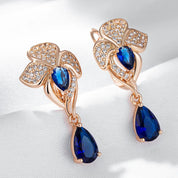 Kinel-pendientes largos de circonita Natural azul para mujer, aretes colgantes de flores Vintage, Color oro rosa 585, joyería fina étnica para boda