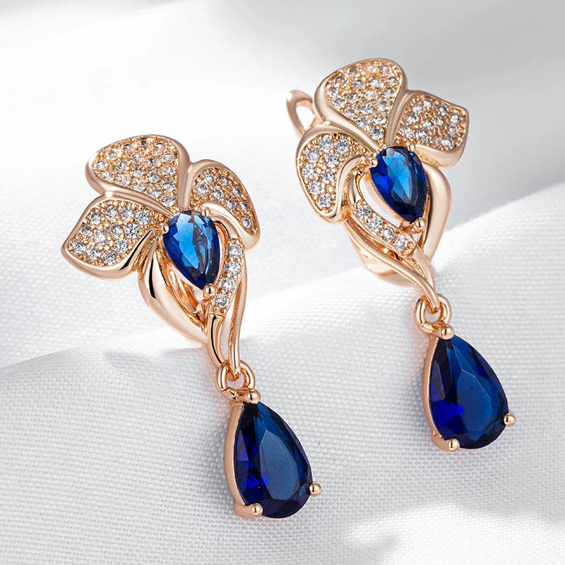 Kinel-pendientes largos de circonita Natural azul para mujer, aretes colgantes de flores Vintage, Color oro rosa 585, joyería fina étnica para boda