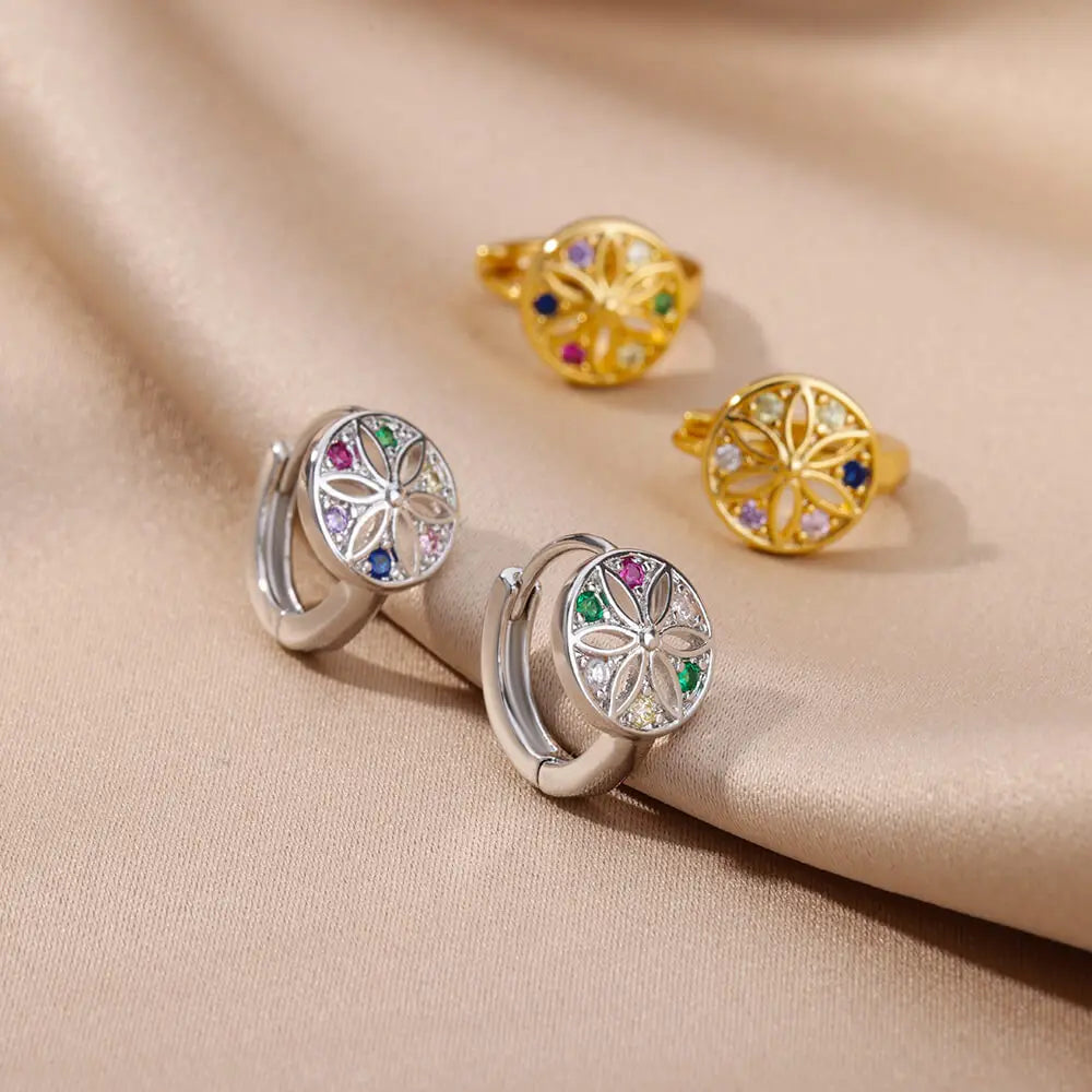 Pendientes de flores de colores para mujer, aretes de aro de acero inoxidable con circonita cúbica, joyería estética de lujo, aretes para mujer 2024