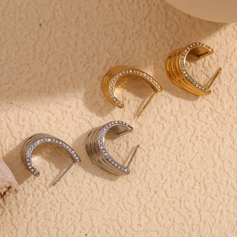 E.B.belle Edge of Waves pendientes brillantes impermeables, acero inoxidable 316L, pendientes para mujer, chapado en oro de 18K, regalo
