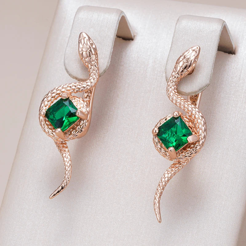 Kinel-pendientes colgantes de serpiente de circón Natural para mujer, joyería de animales Punk diaria Vintage, Color oro rosa 585, color verde intenso