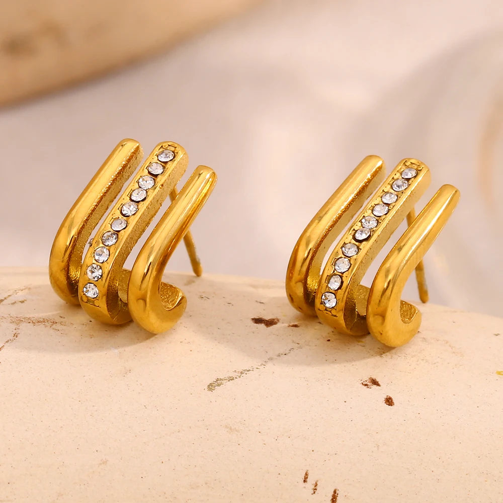 E.B.belle-pendientes de gancho curvo en forma de J de tres capas con diamantes de imitación, joyería de acero inoxidable 316L chapada en oro de 18 quilates para mujer
