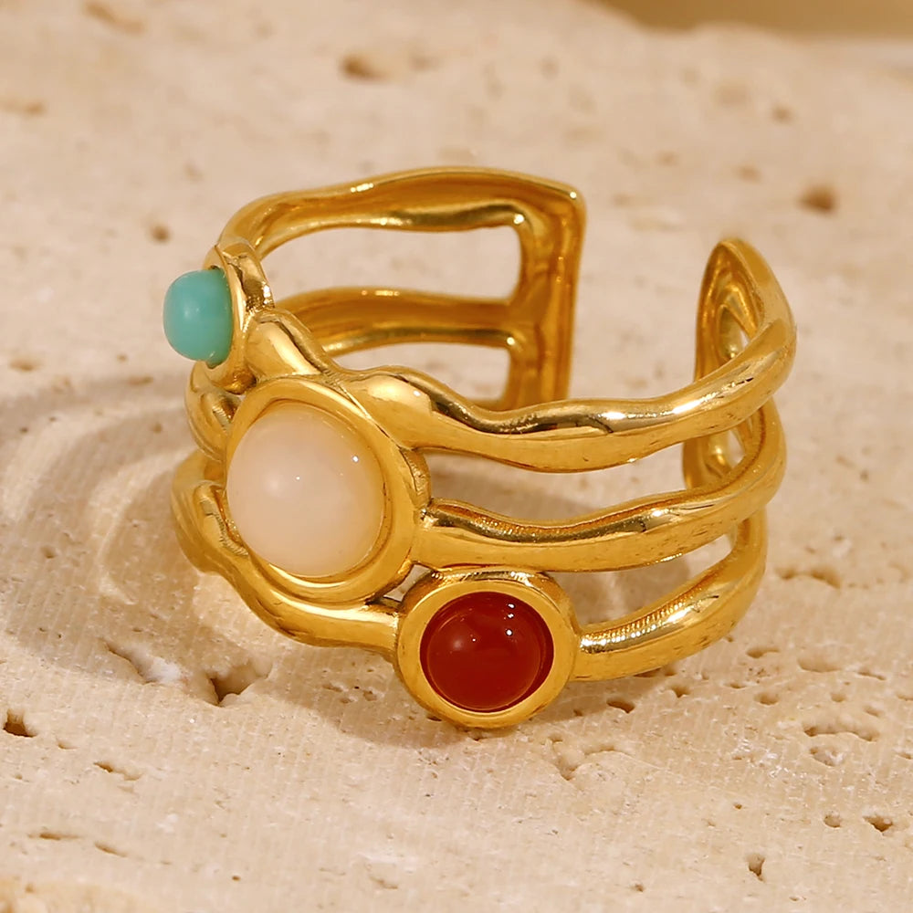 E.B.belle Mlutilayers Anillo con apertura de piedras preciosas coloridas Acero inoxidable de alta calidad chapado en oro de 18 quilates Joyería de moda para mujer