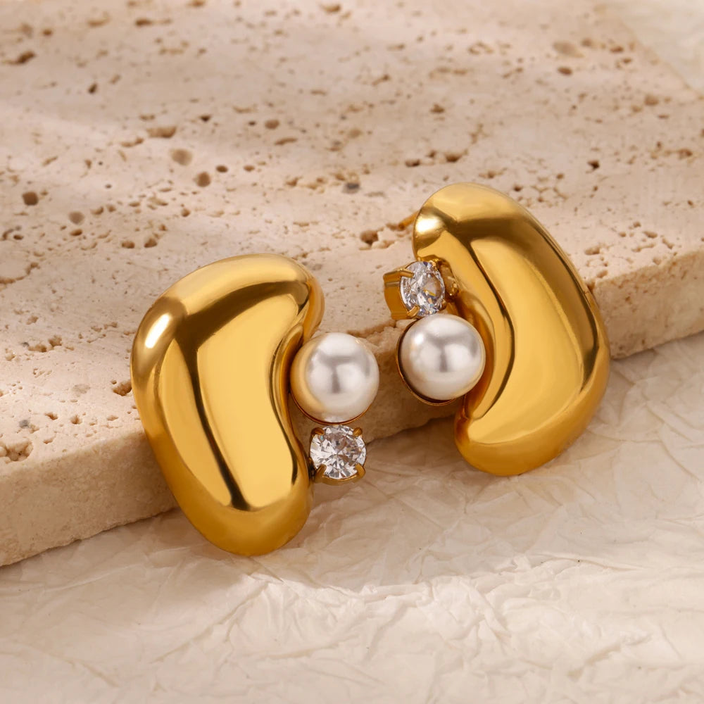 Pendientes gruesos de perlas de imitación de circón para mujer, aretes geométricos de acero inoxidable, regalo de joyería de Navidad y boda resistente al agua