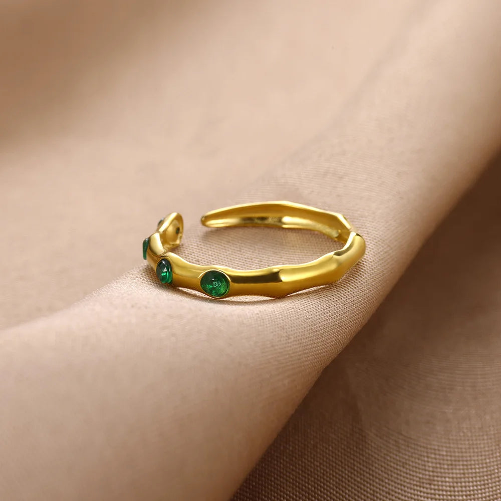 Anillos abiertos de circón verde para mujer y niña, sortija ajustable de bambú redondo de acero inoxidable, Color dorado, regalo de joyería femenina