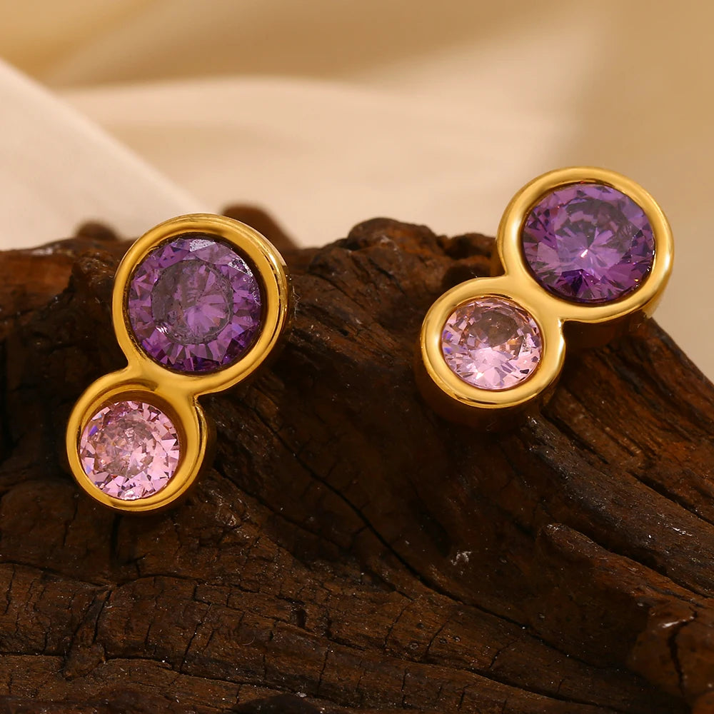 E.B.belle Pendientes de tuerca de circonita de Color rosa y morado con forma de doble círculo, joyería de oreja de acero inoxidable chapada en oro de estilo clásico