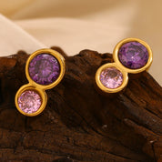 E.B.belle Pendientes de tuerca de circonita de Color rosa y morado con forma de doble círculo, joyería de oreja de acero inoxidable chapada en oro de estilo clásico
