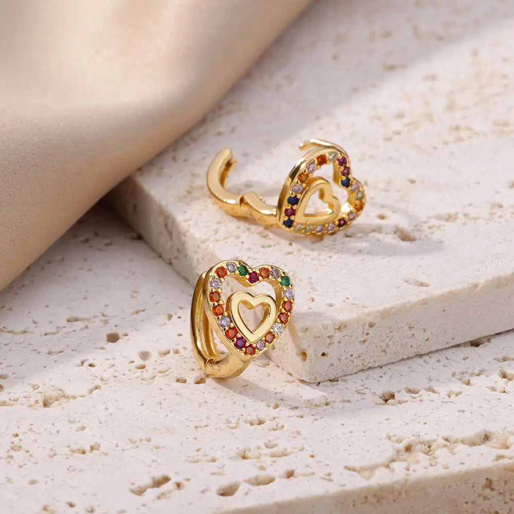 Pendientes de circón de colores en forma de corazón para mujer, aretes de aro de acero inoxidable de lujo, joyería estética romántica de tendencia 2023