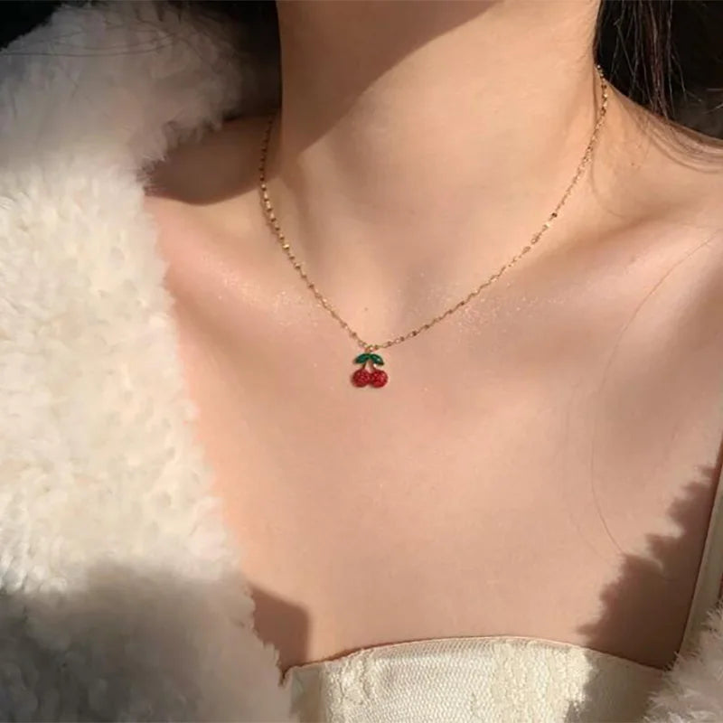 RHYSONG-collar con colgante de cereza de acero inoxidable 316L, pendientes delicados, cadena chapada en oro a la moda para mujer, regalo de joyería