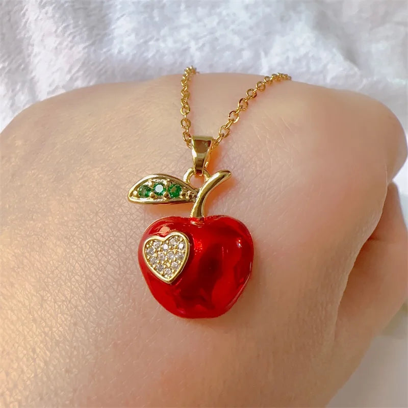Precioso collar clásico con microincrustaciones de acero inoxidable con dije rojo de manzana de amor, regalo de fiesta para chica a la moda exquisito