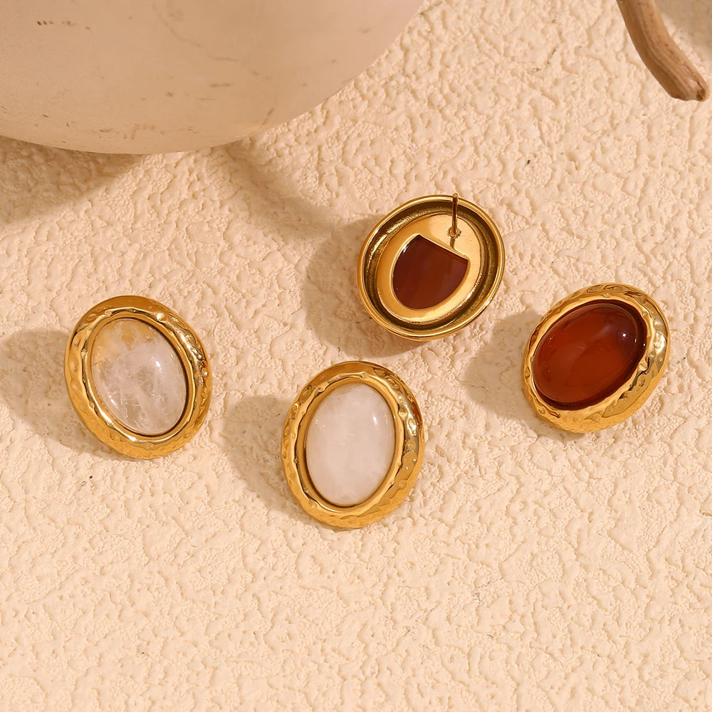 E.B.belle-pendientes de tuerca de piedra Natural con forma ovalada, estilo Retro, patrón de martillo, borde de acero inoxidable para mujer y niña, fiesta y citas