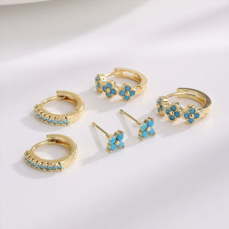 Uilz, 3 pares, pendientes creativos de circonia cúbica de colores, pendientes de aro con diseño de flor turquesa para mujer, regalo de joyas de fiesta