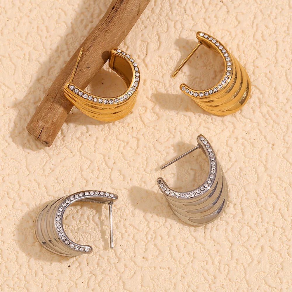 E.B.belle Edge of Waves pendientes brillantes impermeables, acero inoxidable 316L, pendientes para mujer, chapado en oro de 18K, regalo