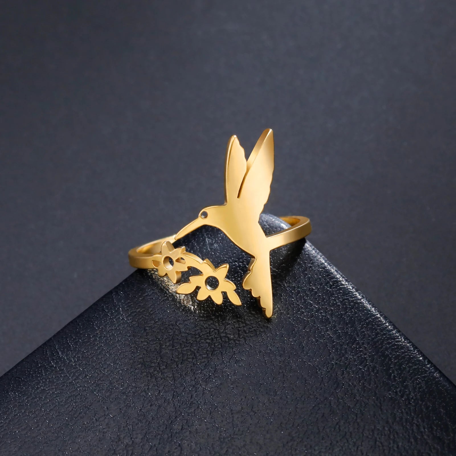 Cazador-anillos de hojas y flores de pájaro para mujer, joyería de acero inoxidable, anillo abierto para dedo, regalo de aniversario de cumpleaños, venta al por mayor