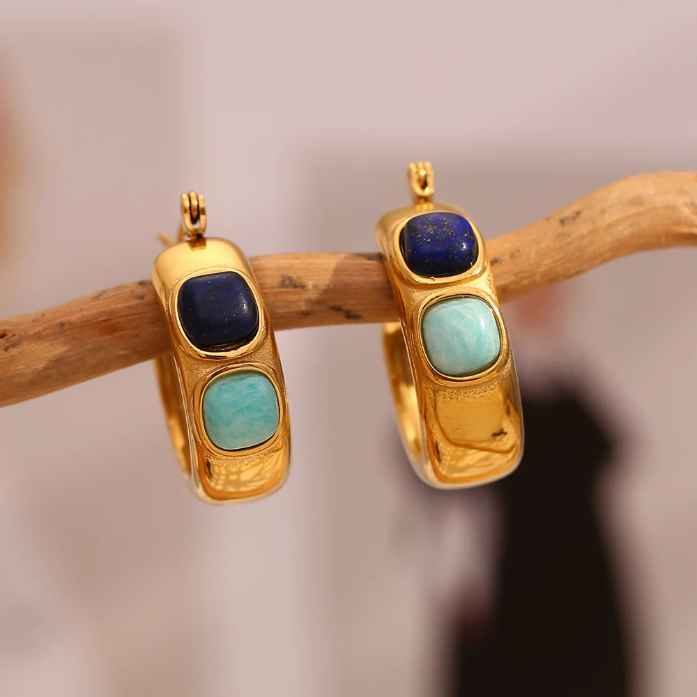 E.B.belle-pendientes redondos de aro con piedra Natural, turquesa, Lazurite, acero inoxidable, chapado en oro de 18 quilates, joyería resistente al agua