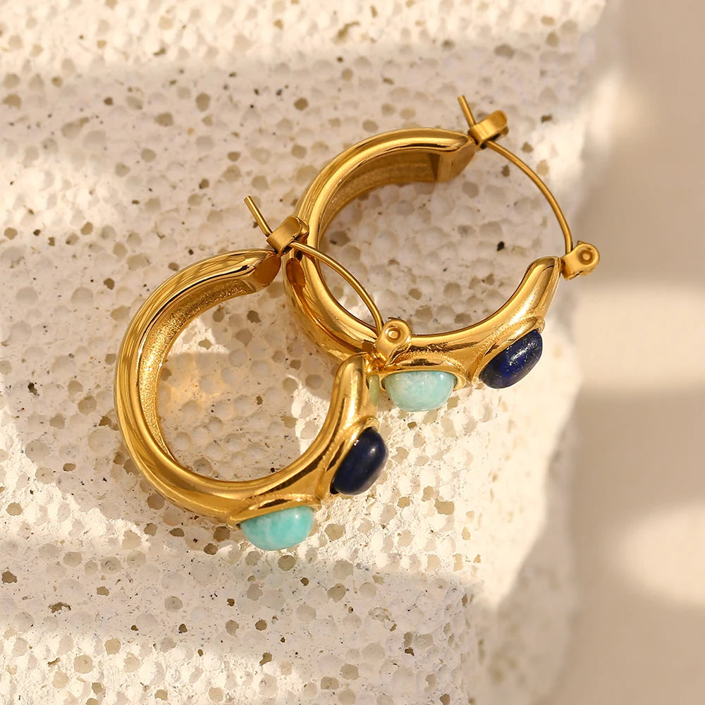 E.B.belle-pendientes redondos de aro con piedra Natural, turquesa, Lazurite, acero inoxidable, chapado en oro de 18 quilates, joyería resistente al agua