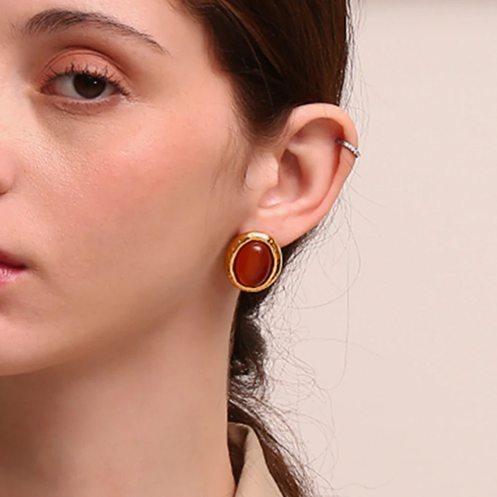E.B.belle-pendientes de tuerca de piedra Natural con forma ovalada, estilo Retro, patrón de martillo, borde de acero inoxidable para mujer y niña, fiesta y citas