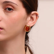 E.B.belle-pendientes de tuerca de piedra Natural con forma ovalada, estilo Retro, patrón de martillo, borde de acero inoxidable para mujer y niña, fiesta y citas