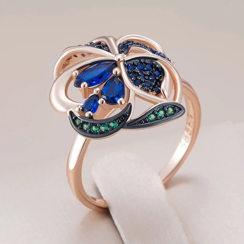 Kinel Hot Shiny Blue Natural Zircon Flowers Rings For Women Fashion 585 Rose Gold and Black Plating Vintage Daily Fine Jewelry
