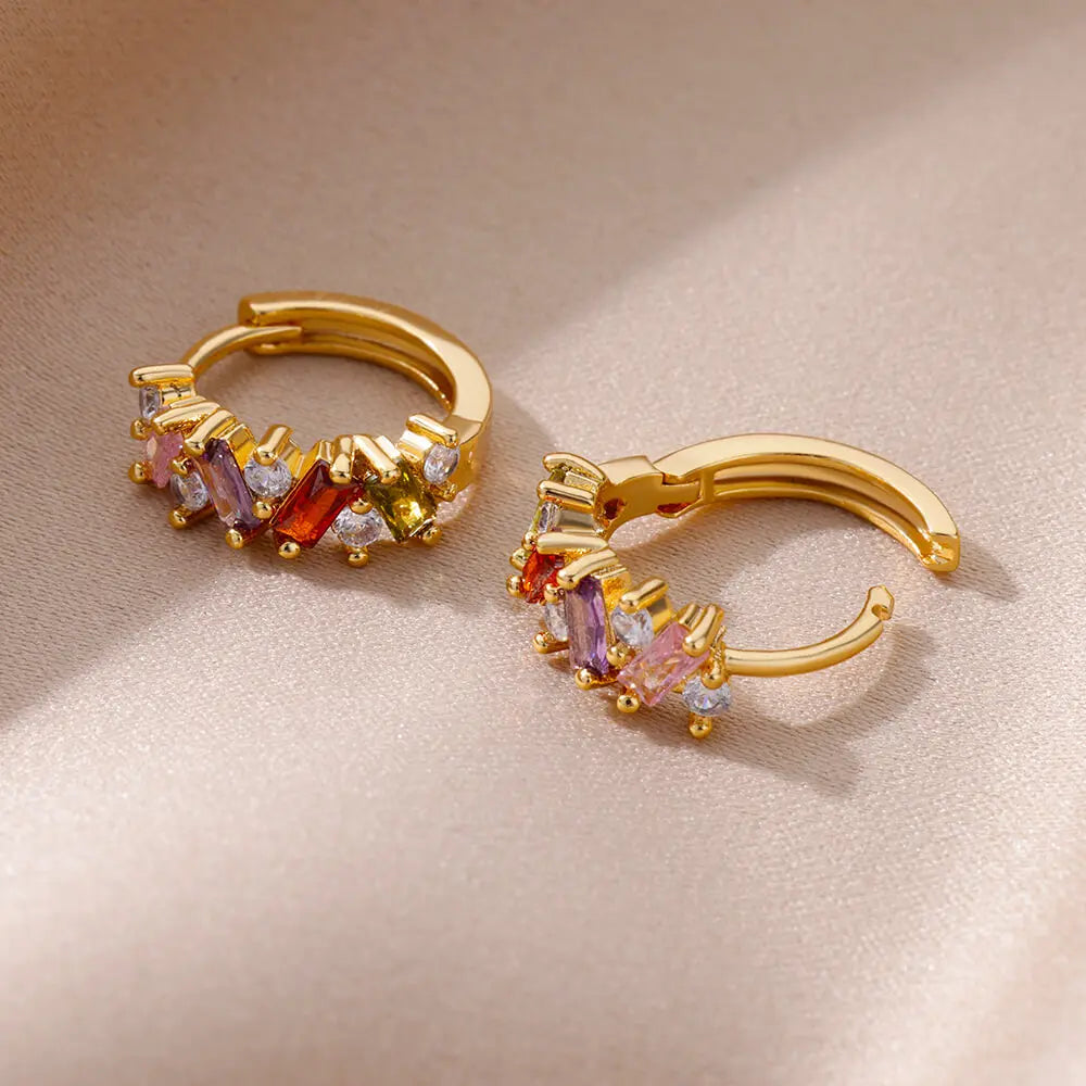 Pendientes de aro de circonia cúbica de arcoíris para mujer, aretes redondos de acero inoxidable chapados en oro, regalos de joyería de lujo 2023
