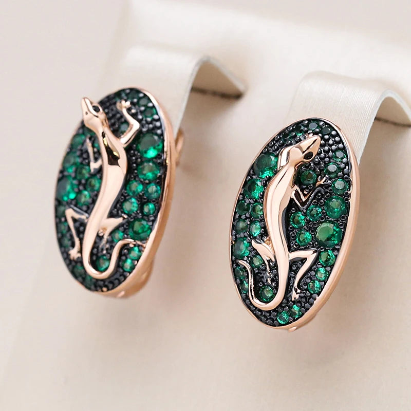 Pendientes Kinel de gota de lagarto de circón Natural verde intenso para mujer 585 chapado en oro rosa y negro joyería Punk diaria de animales Vintage