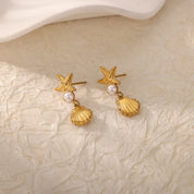 Exquisitos pendientes de estrella de mar de concha para mujer, pendientes de gota chapados en oro con perlas de imitación, joyería de acero inoxidable para fiesta 2025