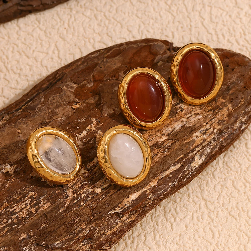 E.B.belle-pendientes de tuerca de piedra Natural con forma ovalada, estilo Retro, patrón de martillo, borde de acero inoxidable para mujer y niña, fiesta y citas