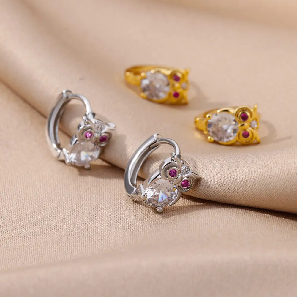 Pendientes de aro de búho de cristal para mujer, aretes de acero satinado con circonita de Animal, conejo, leopardo, elefante, oso, joyería bonita, regalo para niñas