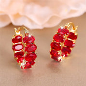Pendientes de aro redondos de circonita roja ovalada de lujo para mujer, joyería de boda de Color oro amarillo con hebilla para oreja