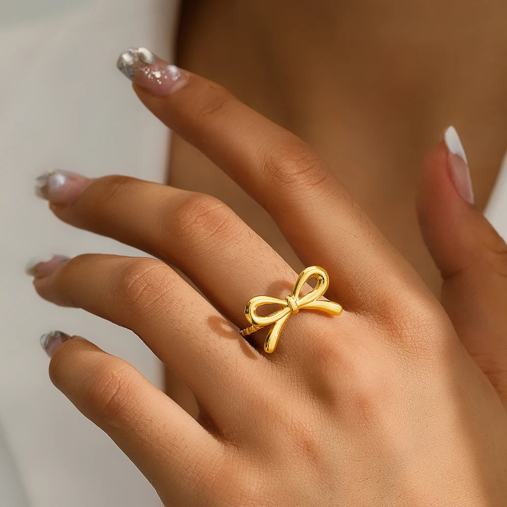 Anillos de acero inoxidable para mujer, pajarita romántica, anillo con apertura ajustable, joyería, regalo de banquete, no se decolora, Popular de alta calidad