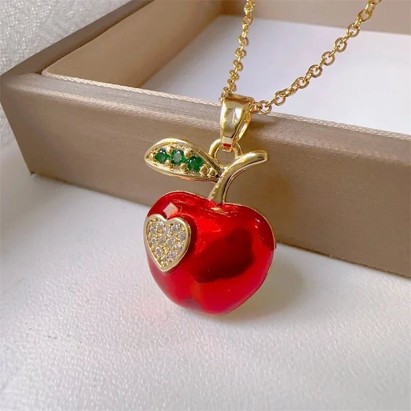 Precioso collar clásico con microincrustaciones de acero inoxidable con dije rojo de manzana de amor, regalo de fiesta para chica a la moda exquisito