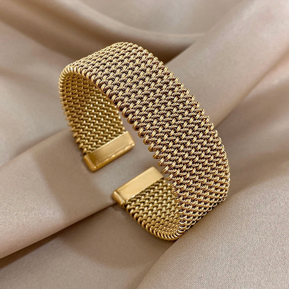 Pulsera abierta de malla trenzada de acero inoxidable Vintage, brazalete clásico, joyería impermeable para mujeres y hombres, ropa de fiesta diaria, regalos de joyería
