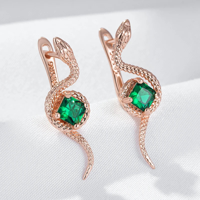 Kinel-pendientes colgantes de serpiente de circón Natural para mujer, joyería de animales Punk diaria Vintage, Color oro rosa 585, color verde intenso