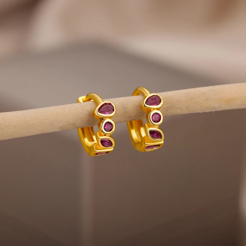 Pendientes de aro verdes de circón minimalistas para mujer, aretes de botón de oreja de círculo pequeño de acero inoxidable, joyería de moda